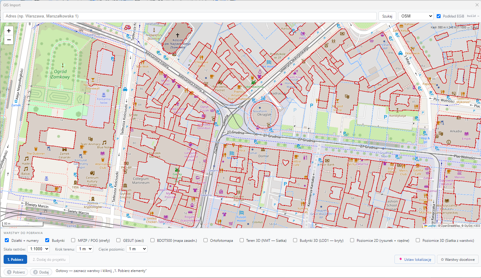 Okno wtyczki GIS_import: mapa Poznania, pasek adresu i checkboxy warstw do pobrania