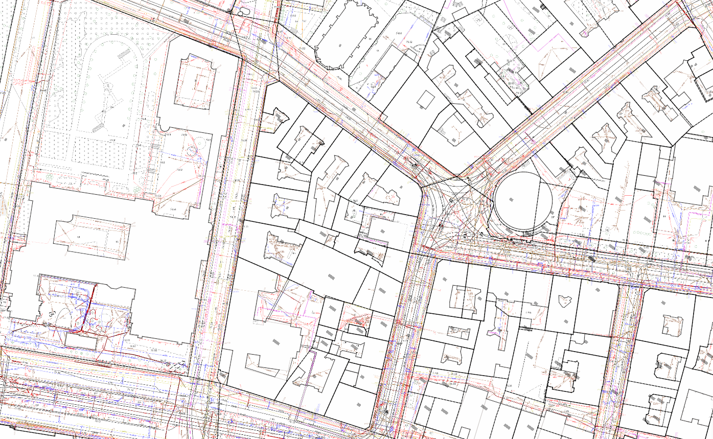 Zaimportowany podkład w ArchiCAD: działki, budynki i uzbrojenie jako rysunek wektorowy