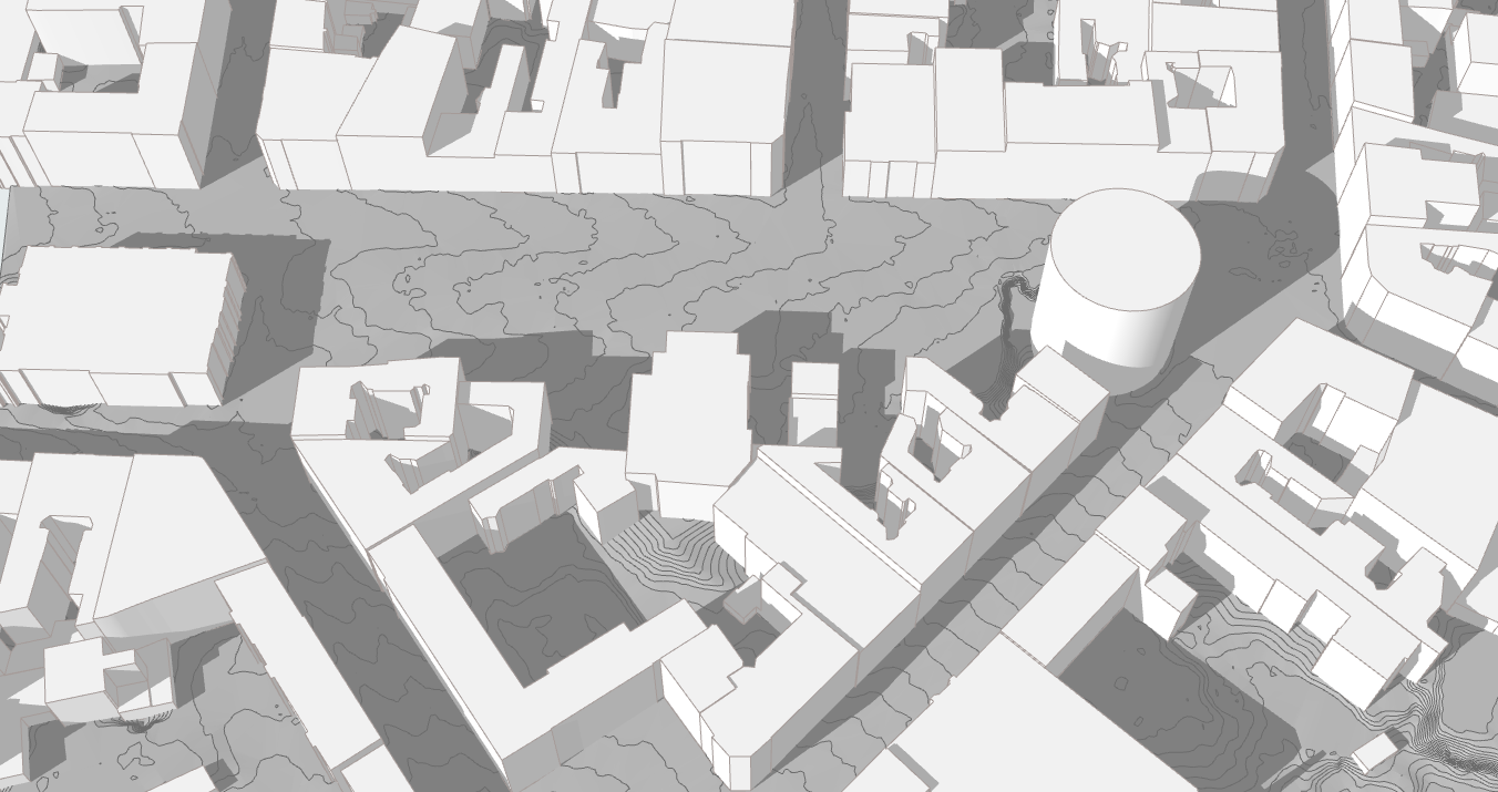 Bryły budynków LOD1 i teren z poziomicami w widoku 3D ArchiCAD, zaimportowane wtyczką